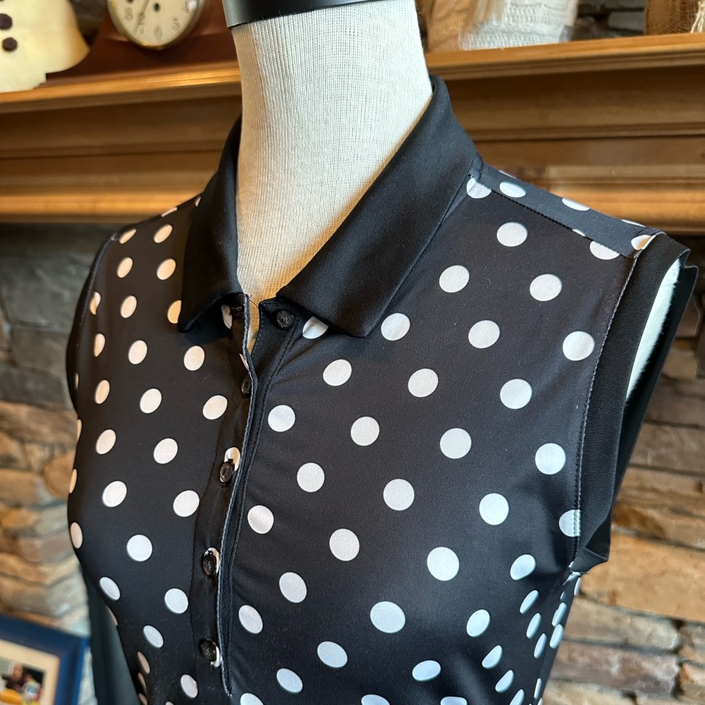 NIKE Golf ⛳️ Ladies Black & White Polka Dot Dri-Fit Sleeveless Golf Shirt - Sz S - Picture 3 of 12